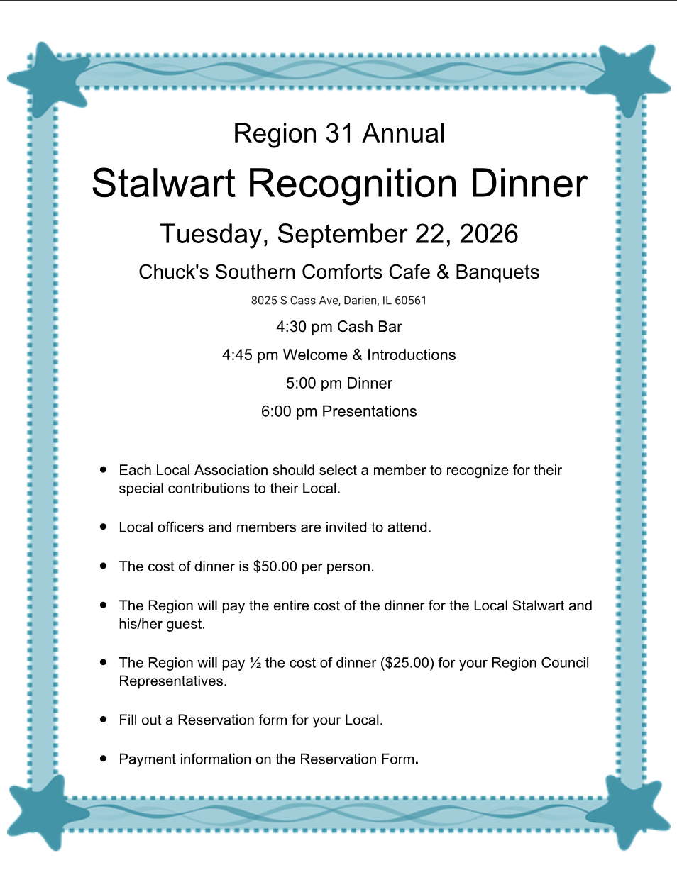 Flyer for the Region 31 Annual Stalwart Recognition Dinner on September 22, 2026.